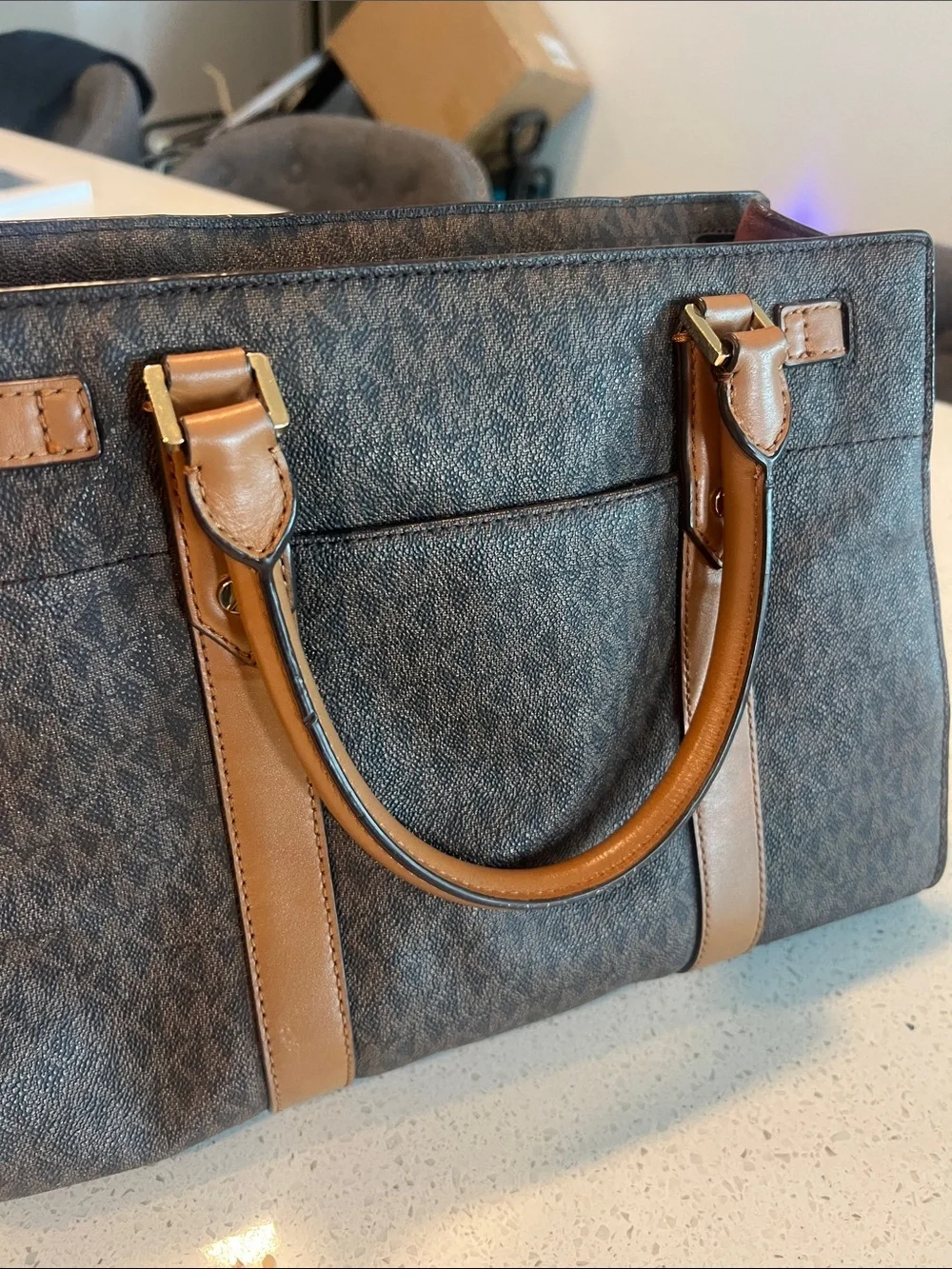 Michael Kors Brown MK Logo Satchel with Tan Leather Trim and Gold Hardware